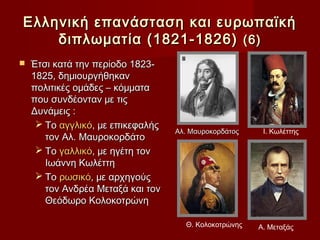 Ελληνική επανάσταση και ευρωπαϊκή
    διπλωματία (1821-1826) (6)
   Έτσι κατά την περίοδο 1823-
    1825, δημιουργήθηκαν
    πολιτικές ομάδες – κόμματα
    που συνδέονταν με τις
    Δυνάμεις :
      Το αγγλικό, με επικεφαλής
                                   Αλ. Μαυροκορδάτος    Ι. Κωλέττης
       τον Αλ. Μαυροκορδάτο
      Το γαλλικό, με ηγέτη τον
       Ιωάννη Κωλέττη
      Το ρωσικό, με αρχηγούς
       τον Ανδρέα Μεταξά και τον
       Θεόδωρο Κολοκοτρώνη

                                     Θ. Κολοκοτρώνης   Α. Μεταξάς
 