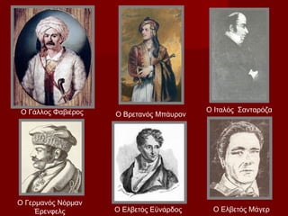 Ο Γάλλος Φαβιέρος                        Ο Ιταλός Σανταρόζα
                    Ο Βρετανός Μπάυρον




Ο Γερμανός Νόρμαν
     Έρενφελς       Ο Ελβετός Εϋνάρδος    Ο Ελβετός Μάγερ
 