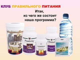 КЛУБ ПРАВИЛЬНОГО ПИТАНИЯ
               Итак,
         из чего же состоит
          наша программа?
 