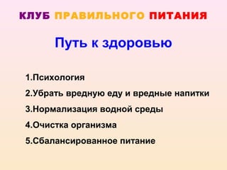 КЛУБ ПРАВИЛЬНОГО ПИТАНИЯ


      Путь к здоровью

1.Психология
2.Убрать вредную еду и вредные напитки
3.Нормализация водной среды
4.Очистка организма
5.Сбалансированное питание
 