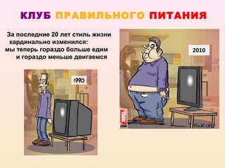 КЛУБ ПРАВИЛЬНОГО ПИТАНИЯ
За последние 20 лет стиль жизни
 кардинально изменился:
мы теперь гораздо больше едим     2010
   и гораздо меньше двигаемся
 