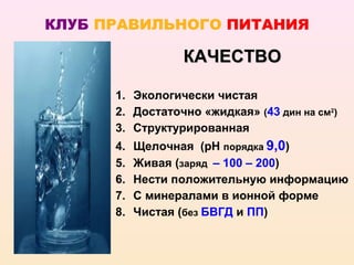 КЛУБ ПРАВИЛЬНОГО ПИТАНИЯ

                 КАЧЕСТВО

      1. Экологически чистая
      2. Достаточно «жидкая» (43 дин на см2)
      3. Структурированная
      4.   Щелочная (рН порядка 9,0)
      5.   Живая (заряд – 100 – 200)
      6.   Нести положительную информацию
      7.   С минералами в ионной форме
      8.   Чистая (без БВГД и ПП)
 