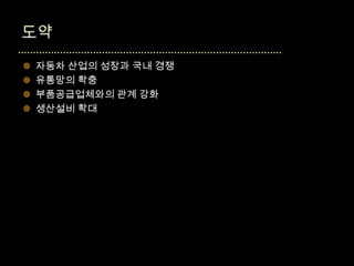    자동차 산업의 성장과 국내 경쟁
   유통망의 확충
   부품공급업체와의 관계 강화
   생산설비 확대
 