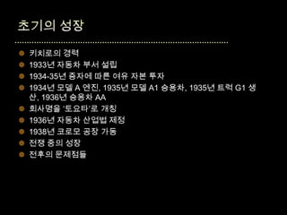    키치로의 경력
   1933년 자동차 부서 설립
   1934-35년 증자에 따른 여유 자본 투자
   1934년 모델 A 엔진, 1935년 모델 A1 승용차, 1935년 트럭 G1 생
    산, 1936년 승용차 AA
   회사명을 ‘토요타’로 개칭
   1936년 자동차 산업법 제정
   1938년 코로모 공장 가동
   전쟁 중의 성장
   전후의 문제점들
 