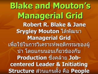 Blake and Mouton’s Managerial Grid   Robert R. Blake & Jane Srygley Mouton  ได้พัฒนา  Managerial Grid  เพื่อใช้ในการวิเคราะห์พฤติกรรมของผู้นำ โดยแกนนอนเกี่ยวข้องกับ  Production  ซึ่งคล้าย  Job-centered Leader & Initiating Structure  ส่วนแกนตั้ง คือ  People  คล้าย  Employee Oriented Leader & Consideration 