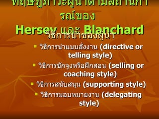 ทฤษฎีภาวะผู้นำตามสถานการณ์ของ  Hersey  และ  Blanchard วิธีการนำของผู้นำ วิธีการนำแบบสั่งงาน  ( directive or telling style) วิธีการชักจูงหรือฝึกสอน  ( selling or coaching style) วิธีการสนับสนุน  ( supporting style) วิธีการมอบหมายงาน  ( delegating style)  