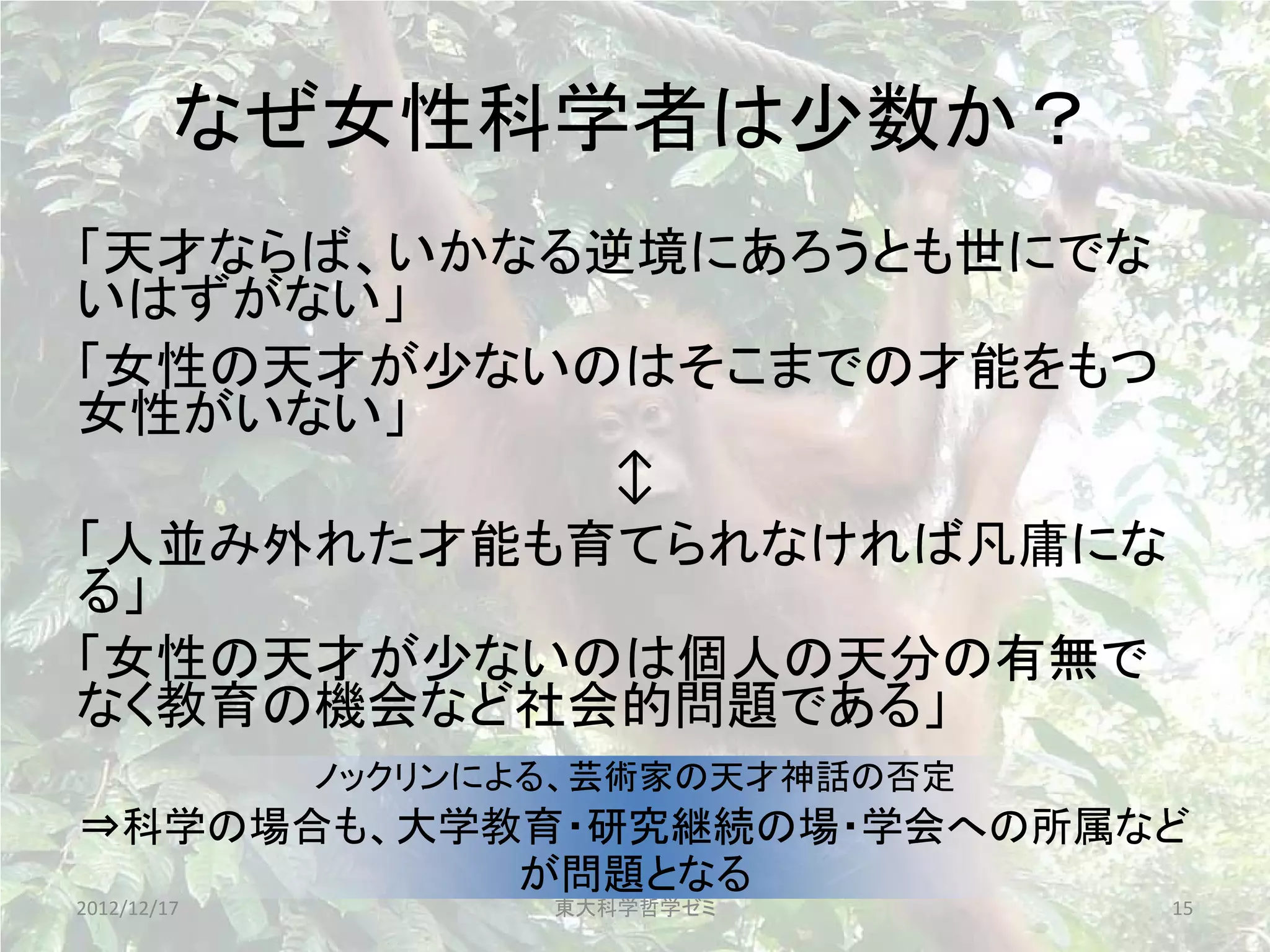 なぜ女性科学者は少数か？
「天才ならば、いかなる逆境にあろうとも世にでな
いはずがない」
「女性の天才が少ないのはそこまでの才能をもつ
女性がいない」
            ↕
「人並み外れた才能も育てられなければ凡庸にな
る」
「女性の天才が少ないのは個人の天分の有無で
なく教育の機会など社会的問題である」
             ノックリンによる、芸術家の天才神話の否定
⇒科学の場合も、大学教育・研究継続の場・学会への所属など
           が問題となる
2012/12/17          東大科学哲学ゼミ        15
 