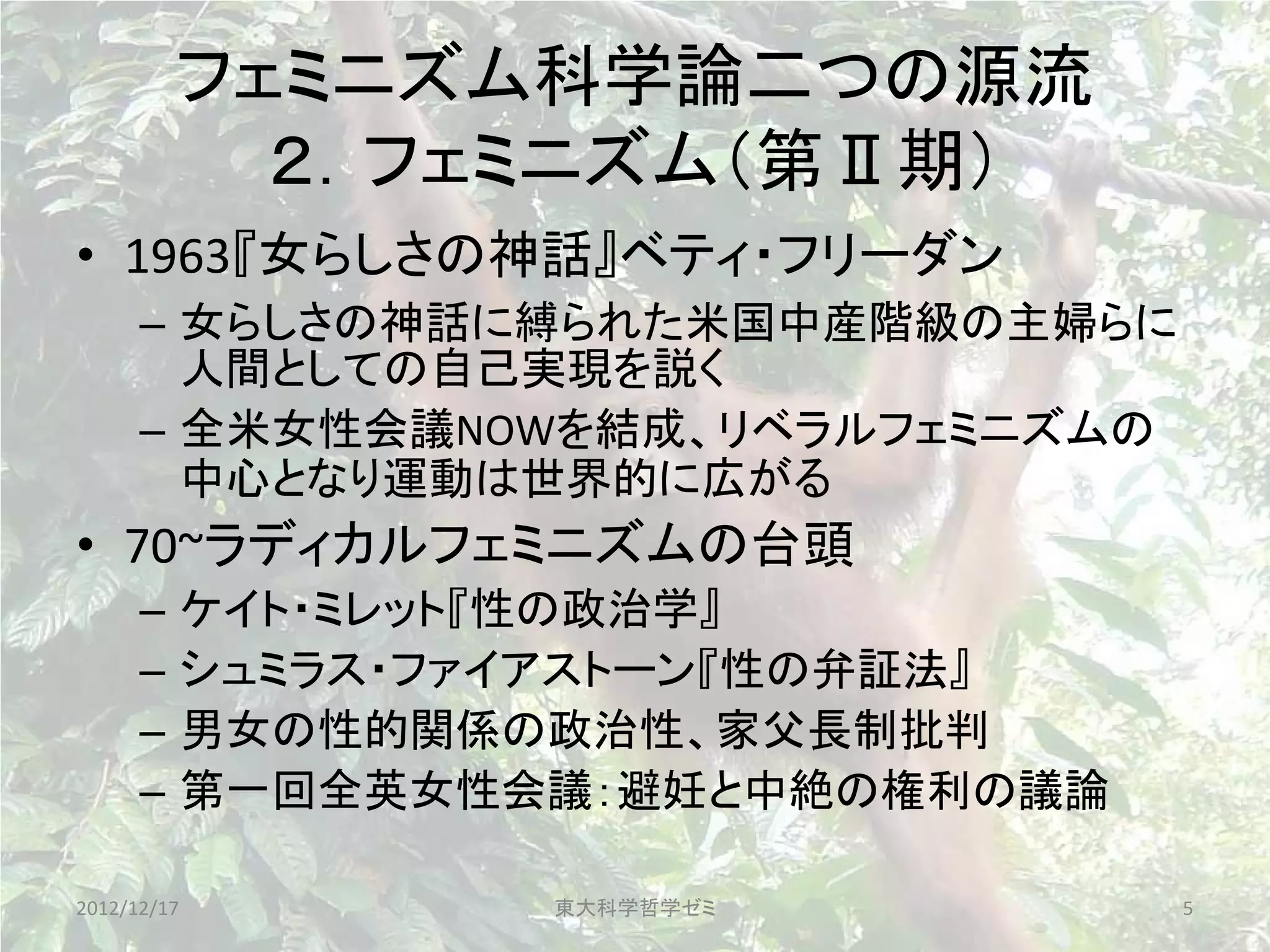 フェミニズム科学論二つの源流
            ２．フェミニズム（第Ⅱ期）
• 1963『女らしさの神話』ベティ・フリーダン
      – 女らしさの神話に縛られた米国中産階級の主婦らに
        人間としての自己実現を説く
      – 全米女性会議NOWを結成、リベラルフェミニズムの
        中心となり運動は世界的に広がる
• 70~ラディカルフェミニズムの台頭
      –      ケイト・ミレット『性の政治学』
      –      シュミラス・ファイアストーン『性の弁証法』
      –      男女の性的関係の政治性、家父長制批判
      –      第一回全英女性会議：避妊と中絶の権利の議論

2012/12/17           東大科学哲学ゼミ        5
 
