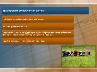 Традиционная экономическая система


неразвитые производительные силы


низкий уровень жизни

основная роль в координации и регулировании экономических
отношений принадлежит традициям и обычаям

крайне замедлен технический прогресс
 