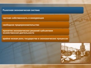 Рыночная экономическая система


частная собственность и конкуренция


свободное предпринимательство

принятие экономических решений субъектами
хозяйственной деятельности

крайне низкая роль государства в экономических процессах
 