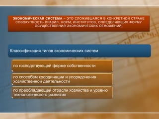 ЭКОНОМИЧЕСКАЯ СИСТЕМА – ЭТО СЛОЖИВШАЯСЯ В КОНКРЕТНОЙ СТРАНЕ
  СОВОКУПНОСТЬ ПРАВИЛ, НОРМ, ИНСТИТУТОВ, ОПРЕДЕЛЯЮЩИХ ФОРМУ
          ОСУЩЕСТВЛЕНИЯ ЭКОНОМИЧЕСКИХ ОТНОШЕНИЙ.




Классификация типов экономических систем


 по господствующей форме собственности

 по способам координации и упорядочения
 хозяйственной деятельности

 по преобладающей отрасли хозяйства и уровню
 технологического развития
 