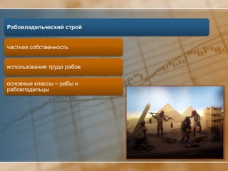 Рабовладельческий строй


частная собственность


использование труда рабов

основные классы – рабы и
рабовладельцы
 