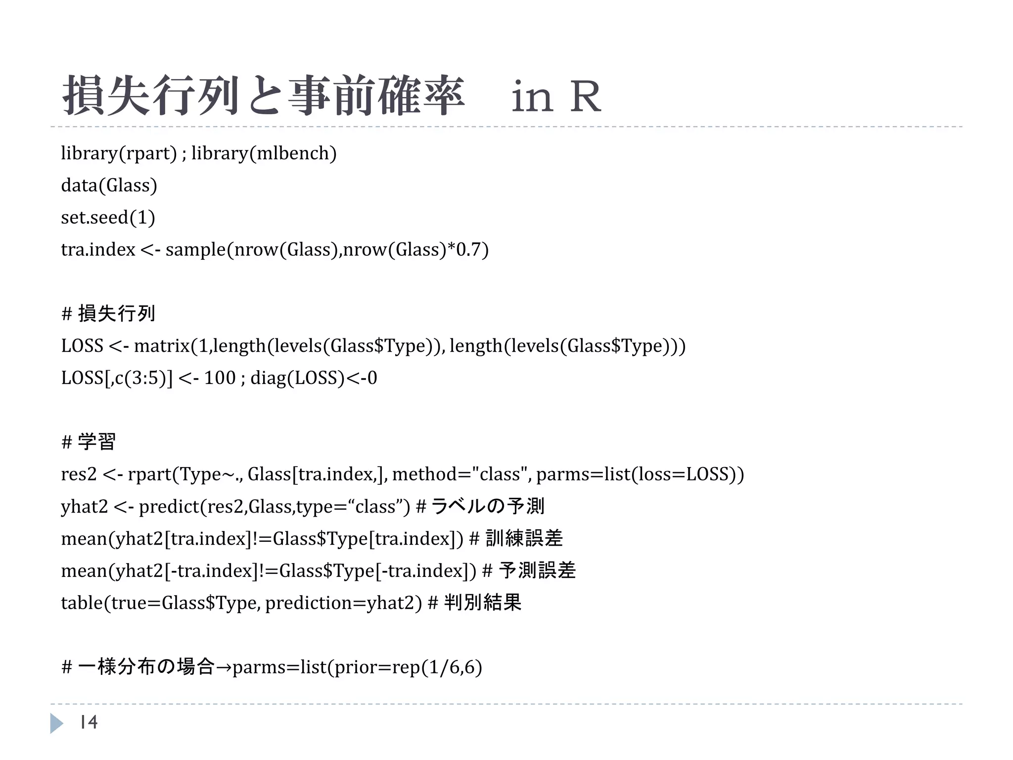 損失行列と事前確率 in R
library(rpart) ; library(mlbench)
data(Glass)
set.seed(1)
tra.index <- sample(nrow(Glass),nrow(Glass)*0.7)


# 損失行列
LOSS <- matrix(1,length(levels(Glass$Type)), length(levels(Glass$Type)))
LOSS[,c(3:5)] <- 100 ; diag(LOSS)<-0


# 学習
res2 <- rpart(Type~., Glass[tra.index,], method="class", parms=list(loss=LOSS))
yhat2 <- predict(res2,Glass,type=“class”) # ラベルの予測
mean(yhat2[tra.index]!=Glass$Type[tra.index]) # 訓練誤差
mean(yhat2[-tra.index]!=Glass$Type[-tra.index]) # 予測誤差
table(true=Glass$Type, prediction=yhat2) # 判別結果


# 一様分布の場合→parms=list(prior=rep(1/6,6)

  14
 