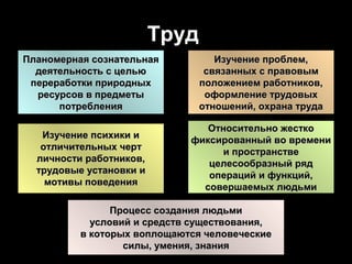 Труд
Планомерная сознательная          Изучение проблем,
  деятельность с целью          связанных с правовым
 переработки природных
     ЭКОНОМИКА                 положением работников,
                                  ПРАВОВЕДЕНИЕ
  ресурсов в предметы           оформление трудовых
      потребления              отношений, охрана труда

                                Относительно жестко
   Изучение психики и
                             фиксированный во времени
   отличительных черт
                                   и пространстве
     ПСИХОЛОГИЯ
  личности работников,            СОЦИОЛОГИЯ
                                целесообразный ряд
  трудовые установки и
                                операций и функций,
    мотивы поведения
                               совершаемых людьми

                Процесс создания людьми
            условий и средств существования,
                    ФИЛОСОФИЯ
          в которых воплощаются человеческие
                  силы, умения, знания
 