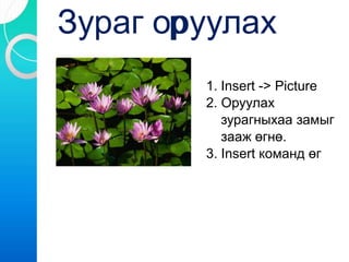 Зураг оруулахр
1. Insert -> Picture
2. Оруулах
зурагныхаа замыг
зааж өгнө.
3. Insert команд өг
 