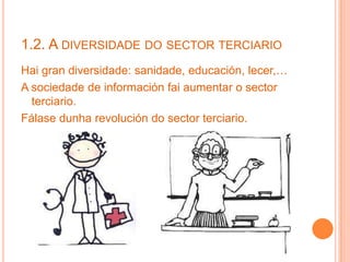 1.2. A DIVERSIDADE DO SECTOR TERCIARIO
Hai gran diversidade: sanidade, educación, lecer,…
A sociedade de información fai aumentar o sector
terciario.
Fálase dunha revolución do sector terciario.
 