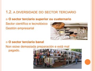 1.2. A DIVERSIDADE DO SECTOR TERCIARIO
 O sector terciario superior ou cuaternario
Sector científico e tecnolóxico
Gestión empresarial
 O sector terciario banal
Non esixe demasiada preparación e está mal
pagado.
 