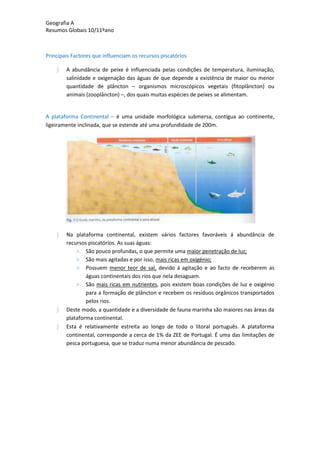 Geografia A
Resumos Globais 10/11ºano
Principais Factores que influenciam os recursos piscatórios
A abundância de peixe é influenciada pelas condições de temperatura, iluminação,
salinidade e oxigenação das águas de que depende a existência de maior ou menor
quantidade de plâncton – organismos microscópicos vegetais (fitoplâncton) ou
animais (zooplâncton) –, dos quais muitas espécies de peixes se alimentam.
A plataforma Continental – é uma unidade morfológica submersa, contígua ao continente,
ligeiramente inclinada, que se estende até uma profundidade de 200m.
Na plataforma continental, existem vários factores favoráveis á abundância de
recursos piscatórios. As suas águas:
> São pouco profundas, o que permite uma maior penetração de luz;
> São mais agitadas e por isso, mais ricas em oxigénio;
> Possuem menor teor de sal, devido á agitação e ao facto de receberem as
águas continentais dos rios que nela desaguam.
> São mais ricas em nutrientes, pois existem boas condições de luz e oxigénio
para a formação de plâncton e recebem os resíduos orgânicos transportados
pelos rios.
Deste modo, a quantidade e a diversidade de fauna marinha são maiores nas áreas da
plataforma continental.
Esta é relativamente estreita ao longo de todo o litoral português. A plataforma
continental, corresponde a cerca de 1% da ZEE de Portugal. É uma das limitações de
pesca portuguesa, que se traduz numa menor abundância de pescado.
 
