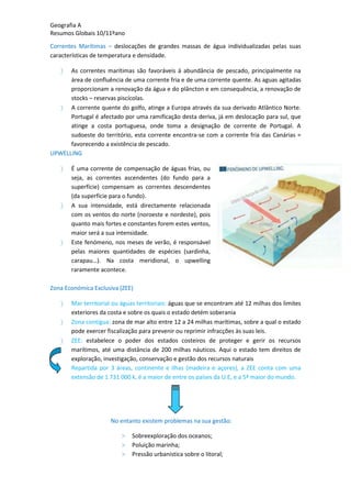 Geografia A
Resumos Globais 10/11ºano
Correntes Marítimas – deslocações de grandes massas de água individualizadas pelas suas
características de temperatura e densidade.
As correntes marítimas são favoráveis á abundância de pescado, principalmente na
área de confluência de uma corrente fria e de uma corrente quente. As aguas agitadas
proporcionam a renovação da água e do plâncton e em consequência, a renovação de
stocks – reservas piscícolas.
A corrente quente do golfo, atinge a Europa através da sua derivado Atlântico Norte.
Portugal é afectado por uma ramificação desta deriva, já em deslocação para sul, que
atinge a costa portuguesa, onde toma a designação de corrente de Portugal. A
sudoeste do território, esta corrente encontra-se com a corrente fria das Canárias =
favorecendo a existência de pescado.
UPWELLING
É uma corrente de compensação de águas frias, ou
seja, as correntes ascendentes (do fundo para a
superfície) compensam as correntes descendentes
(da superfície para o fundo).
A sua intensidade, está directamente relacionada
com os ventos do norte (noroeste e nordeste), pois
quanto mais fortes e constantes forem estes ventos,
maior será a sua intensidade.
Este fenómeno, nos meses de verão, é responsável
pelas maiores quantidades de espécies (sardinha,
carapau…). Na costa meridional, o upwelling
raramente acontece.
Zona Económica Exclusiva (ZEE)
Mar territorial ou águas territoriais: águas que se encontram até 12 milhas dos limites
exteriores da costa e sobre os quais o estado detém soberania
Zona contígua: zona de mar alto entre 12 a 24 milhas marítimas, sobre a qual o estado
pode exercer fiscalização para prevenir ou reprimir infracções às suas leis.
ZEE: estabelece o poder dos estados costeiros de proteger e gerir os recursos
marítimos, até uma distância de 200 milhas náuticos. Aqui o estado tem direitos de
exploração, investigação, conservação e gestão dos recursos naturais
Repartida por 3 áreas, continente e ilhas (madeira e açores), a ZEE conta com uma
extensão de 1 731 000 k, é a maior de entre os países da U.E, e a 5ª maior do mundo.
No entanto existem problemas na sua gestão:
> Sobreexploração dos oceanos;
> Poluição marinha;
> Pressão urbanística sobre o litoral;
 