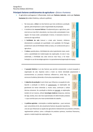 Geografia A
Resumos Globais 10/11ºano
Principais factores condicionantes da agricultura – físicos e humanos
A agricultura portuguesa é influenciada, tanto por factores naturais, como por factores
humanos (de ordem histórica, cultural e politica).
o No nosso país, o clima é um dos factores que mais condiciona a produção
agrícola, pela temperatura e pela irregularidade de precipitação.
o A existência dos recursos hídricos é fundamental para a agricultura, pois
esta torna-se mais fácil e abundante, nas áreas onde a precipitação é mais
regular. Em locais onde a precipitação é menor, é necessário recorrer a
sistemas de rega artificial.
o A fertilidade do solo (natural e criada pelo homem), influência
directamente a produção em quantidade e em qualidade. Em Portugal,
predominam solos de fertilidade média ou baixa, um condicionante para a
agricultura.
o O relevo, quando plano, a fertilidade dos solos é geralmente maior, assim
como a possibilidade de modernização das explorações. Se este é mais
acidentado, a fertilidade dos solos torna-se mais fraca, e há maior
limitação no uso da tecnologia agrícola e no aproveitamento/organização do espaço.
o O passado histórico é um dos factores que permite compreender a actual ocupação e
organização do solo. Aspectos como a maior ou menor densidade populacional e
acontecimentos ou processos históricos reflectem-se, ainda hoje, nas
estruturas fundiárias (dimensão e forma das propriedades rurais).
o O objectivo da produção é outro factor que influencia a ocupação do solo.
Quando a produção se destina ao autoconsumo, as explorações são
geralmente de menor dimensão e, muitas vezes, continuam a utilizar
técnicas artesanais. Se a produção se destina ao mercado, as explorações
tendem em ser maiores, utilizam tecnologia moderna (máquinas, sistemas
de rega, estufas, etc) e são mais especializadas em determinados produtos
– o que contribui para uma maior produtividade do trabalho.
o As políticas agrícolas – orientações e medidas legislativas –, quer nacionais
quer comunitárias (U.E), são actualmente factores de grande importância,
uma vez que influenciam as opções dos agricultores relativamente aos produtos cultivados,
regulamentam práticas, como a utilização de produtos químicos, incentivos financeiros,
apoiam a modernização das explorações, etc.
 