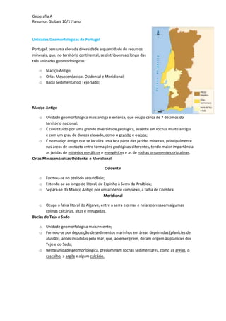 Geografia A
Resumos Globais 10/11ºano
Unidades Geomorfologicas de Portugal
Portugal, tem uma elevada diversidade e quantidade de recursos
minerais, que, no território continental, se distribuem ao longo das
três unidades geomorfologicas:
o Maciço Antigo;
o Orlas Mesocenózoicas Ocidental e Meridional;
o Bacia Sedimentar do Tejo-Sado;
Maciço Antigo
o Unidade geomorfologica mais antiga e extensa, que ocupa cerca de 7 décimos do
território nacional;
o É constituído por uma grande diversidade geológica, assente em rochas muito antigas
e com um grau de dureza elevado, como o granito e o xisto;
o É no maciço antigo que se localiza uma boa parte das jazidas minerais, principalmente
nas áreas de contacto entre formações geológicas diferentes, tendo maior importância
as jazidas de minérios metálicos e energéticos e as de rochas ornamentais cristalinas.
Orlas Mesocenózoicas Ocidental e Meridional
Ocidental
o Formou-se no período secundário;
o Estende-se ao longo do litoral, de Espinho à Serra da Arrábida;
o Separa-se do Maciço Antigo por um acidente complexo, a falha de Coimbra.
Meridional
o Ocupa a faixa litoral do Algarve, entre a serra e o mar e nela sobressaem algumas
colinas calcárias, altas e enrugadas.
Bacias do Tejo e Sado
o Unidade geomorfologica mais recente;
o Formou-se por deposição de sedimentos marinhos em áreas deprimidas (planícies de
aluvião), antes invadidas pelo mar, que, ao emergirem, deram origem às planícies dos
Tejo e do Sado;
o Nesta unidade geomorfologica, predominam rochas sedimentares, como as areias, o
cascalho, a argila e algum calcário.
 