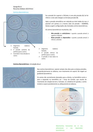 Geografia A
Resumos Globais 10/11ºano
Centros Barométricos
Centros Barométricos: circulação do ar
Se a pressão for superior a 1013mb, é uma alta pressão (A); Se for
inferior a este valor designa-se de baixa pressão (B).
Após a pressão atmosférica ser reduzida ao nível médio do mar, é
possível unir pontos c/ o mesmo valor de pressão – ISOBÁRAS.
Destas surgem configurações são chamados centros barométricos.
Os centros barométricos resultantes, são:
> Alta pressão ou anticiclones – quando a pressão atmosf. é
superior a 1013mb.
> Baixa pressão ou depressões – quando a pressão atmosf. é
inferior a 1013mb
 Organismo isobárico
fechado;
 A pressão aumenta da
periferia para o centro;
 A pressão é mais elevada no
centro
 Organismo isobárico
fechado;
 A pressão diminui da
periferia para o centro;
 A pressão é mais baixa no
centro.
Nos centros barométricos, sopram sempre das altas para as baixas pressões,
perpendicularmente às isóbaras, num movimento em espiral. Dá origem ao
gradiente barométrico.
Os ventos são normalmente desviados para a direita, no hemisfério norte e
para a esquerda no hemisfério sul – Força de Coriolis, que resulta do
movimento de rotação da terra. Contudo, se a distância for grande, o vento
tenderá a soprar paralelamente ou obliquamente às isóbaras.
Movimentos horizontais do ar nos
anticiclones e nas depressões
barométricas.
 