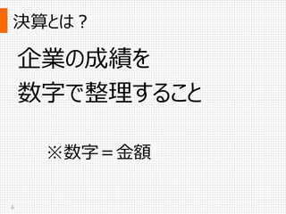 決算とは？
6
企業の成績を
数字で整理すること
※数字＝金額
 