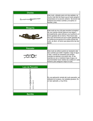 Chorizo
Este nudo, utilizado para unir dos sedales, es
mucho más fácil de hacer que el nudo sangrón
presentado en la sección anterior. Se toman los
extremos de ambas cuerdas y se aplica un
barrilito y listo.
Margarita
Este nudo es muy útil para recortar la longitud
de una cuerda cuando ésta es muy larga y,
principalmente, para reforzar una cuerda en un
tramo gastado de la misma. Para hacer esto
hay que cerciorarse de que la parte gastada de
la cuerda se encuentra en la parte central del
nudo, es decir, el tramo que pasa entre las dos
gazas
Pescador
Este nudo se utiliza cuando es necesario atar
dos cuerdas que estén mojadas o bajo el agua
o bien, cuando es necesario que ambas
cuerdas se deslicen una sobre otra. Si las
cuerdas se van a mantener bajo el agua, es
recomendable hacer dobles las vueltas en cada
extremo para asegurar mejor el nudo.
Lazo de Pescador
Es una aplicación simple del nudo pescador, es
utilizado en la pesca, con sedales gruesos. Es
un lazo aplicado, y muy firme.
Barrilito
 
