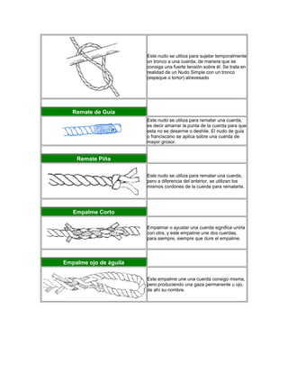 Este nudo se utiliza para sujetar temporalmente
un tronco a una cuerda, de manera que se
consiga una fuerte tensión sobre él. Se trata en
realidad de un Nudo Simple con un tronco
(espeque o tortor) atravesado
Remate de Guía
Este nudo se utiliza para rematar una cuerda,
es decir amarrar la punta de la cuerda para que
esta no se desarme o deshile. El nudo de guía
o franciscano se aplica sobre una cuerda de
mayor grosor.
Remate Piña
Este nudo se utiliza para rematar una cuerda,
pero a diferencia del anterior, se utilizan los
mismos cordones de la cuerda para rematarla.
Empalme Corto
Empalmar o ayustar una cuerda significa unirla
con otra, y este empalme une dos cuerdas,
para siempre, siempre que dure el empalme.
Empalme ojo de águila
Este empalme une una cuerda consigo misma,
pero produciendo una gaza permanente u ojo,
de ahí su nombre.
 