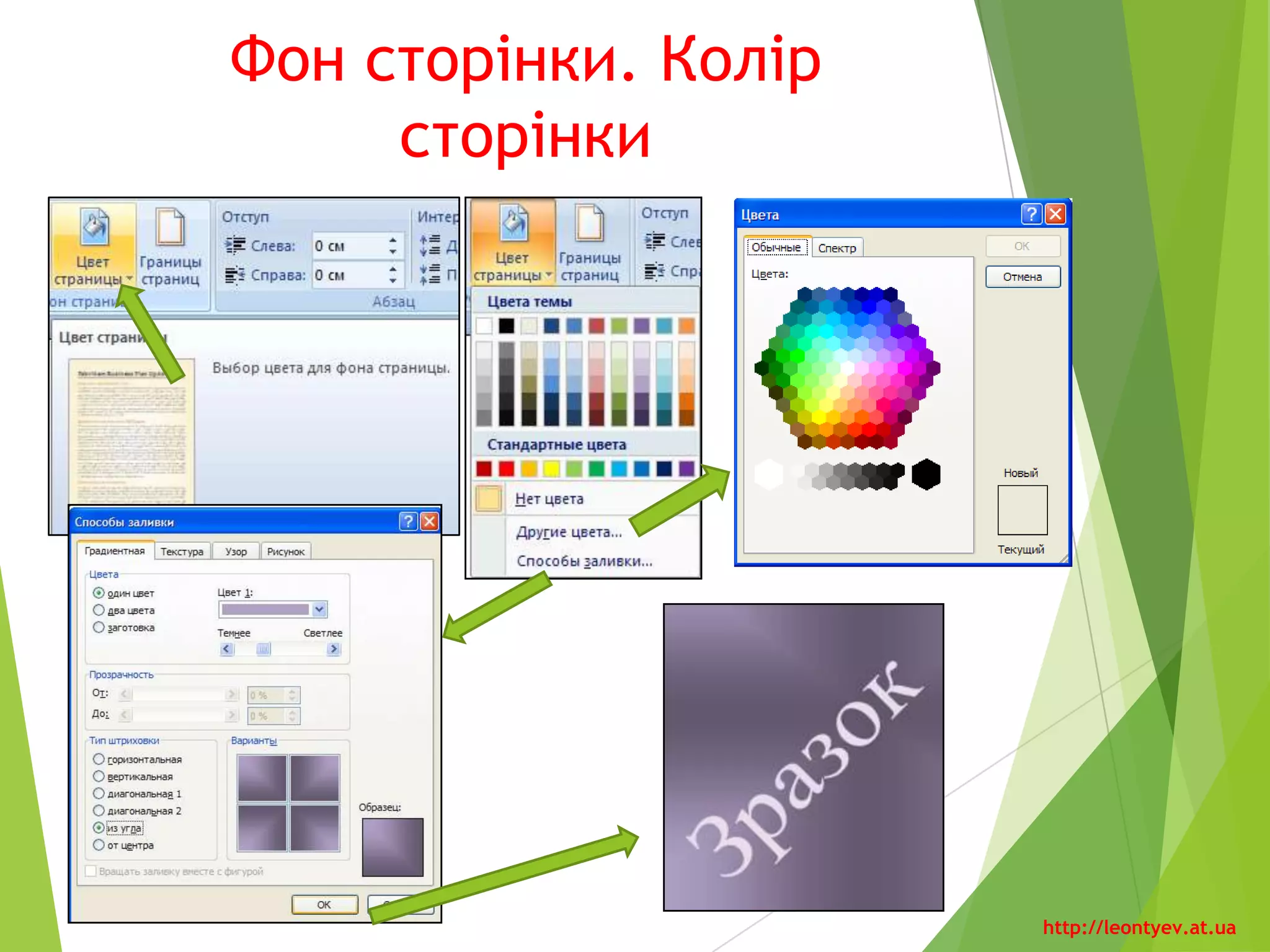 Нумерація сторінок
Зручним способом нумерації
сторінок документа є використання
команди
«Номер страницы» групи
«Колонтитулы» вкладки «Вставка»,
яка відкриває список можливих
варіантів розміщення номерів (внизу чи
вгорі сторінки) та способів їх
вирівнювання (справа, зліва, по центру
тощо). За потреби можна налаштувати
формат номера, вказавши вид
нумерації, початковий номер та інше в
діалоговому вікні «Формат номера
страницы», яке відкривається вибором
однойменної команди.
http://leontyev.at.ua
 