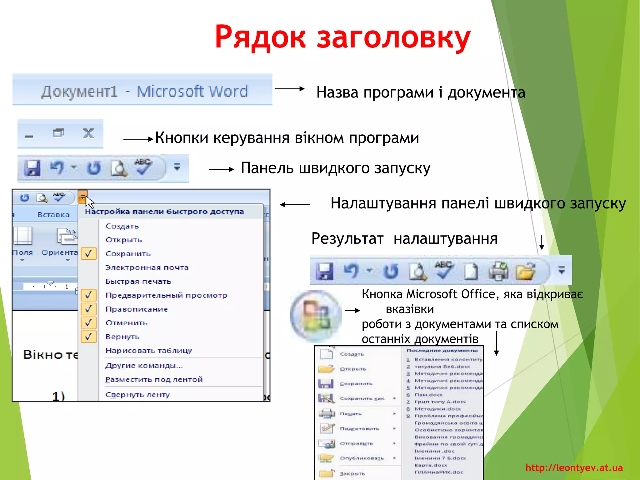 Рядок заголовку
Назва програми і документа
Кнопки керування вікном програми
Панель швидкого запуску
Налаштування панелі швидкого запуску
http://leontyev.at.ua
 