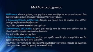 Μελλοντικού χρϐνοι
Μϋλλοντασ εύναι ο χρϐνοσ των ρημϊτων που αναφϋρεται ςε γεγονϐτα που δεν
ϋχουν ςυμβεύ ακϐμη.Τπϊρχουν τρεισ μελλοντικού χρϐνοι:
 Εξακολουθητικόσ μϋλλοντασ: Δεύχνει μια πρϊξη που θα γύνεται ςτο μϋλλον
ςυνϋχεια ό θα επαναλαμβϊνεται.
π.χ. Κϊθε μϋρα θα πηγαύνω ςτο ςχολεύο.
Συνοπτικόσ μϋλλοντασ: Δεύχνει μια πρϊξη που θα γύνει ςτο μϋλλον και θα
ολοκληρωθεύ, χωρύσ να επαναλαμβϊνεται.
Π.χ.Αϑριο θα πϊω ςτο ςχολεύο.
Συντελεςμϋνοσ μϋλλοντασ: Δεύχνει μια πρϊξη που θα γύνει ςτο μϋλλον και θα
ϋχει ολοκληρωθεύ πριν γύνει μια ϊλλη.
Π.χ. Μϋχρι να χτυπόςει το κουδοϑνι θα ϋχω πϊει ςτο ςχολεύο. (πρώτα θα ϋχω πϊει
ςτο ςχολεύο και μετϊ θα χτυπόςει το κουδοϑνι)
 