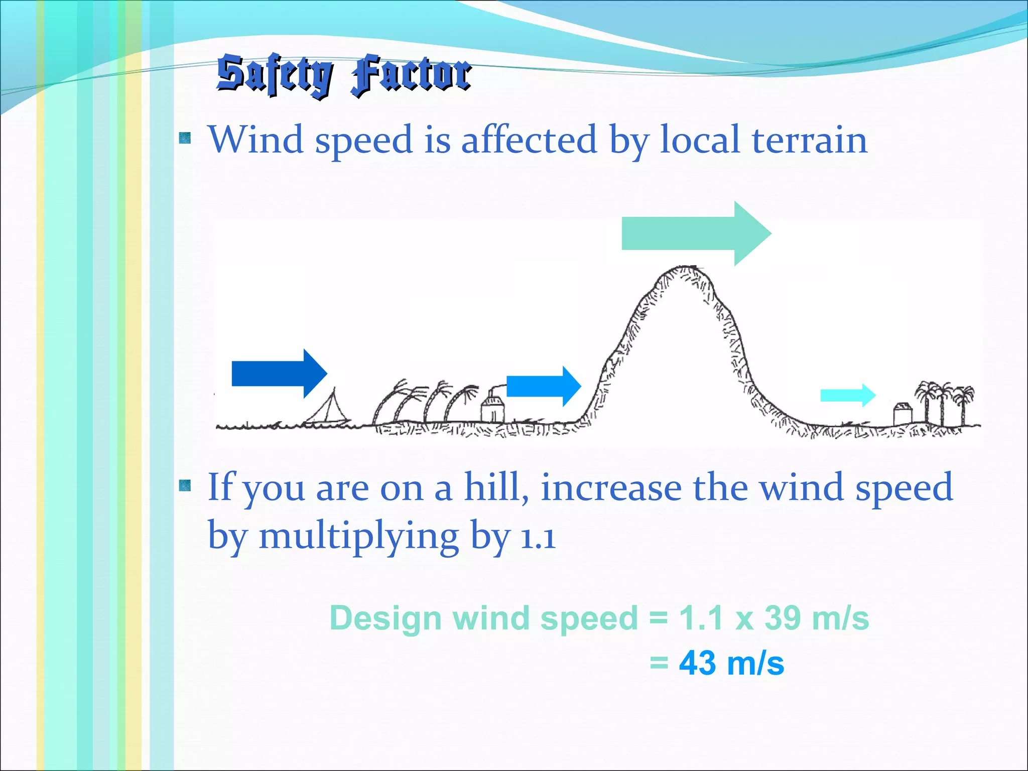 Wind speed is affected by local terrain
If you are on a hill, increase the wind speed
by multiplying by 1.1
Safety FactorSafety Factor
Design wind speed = 1.1 x 39 m/s
= 43 m/s
 