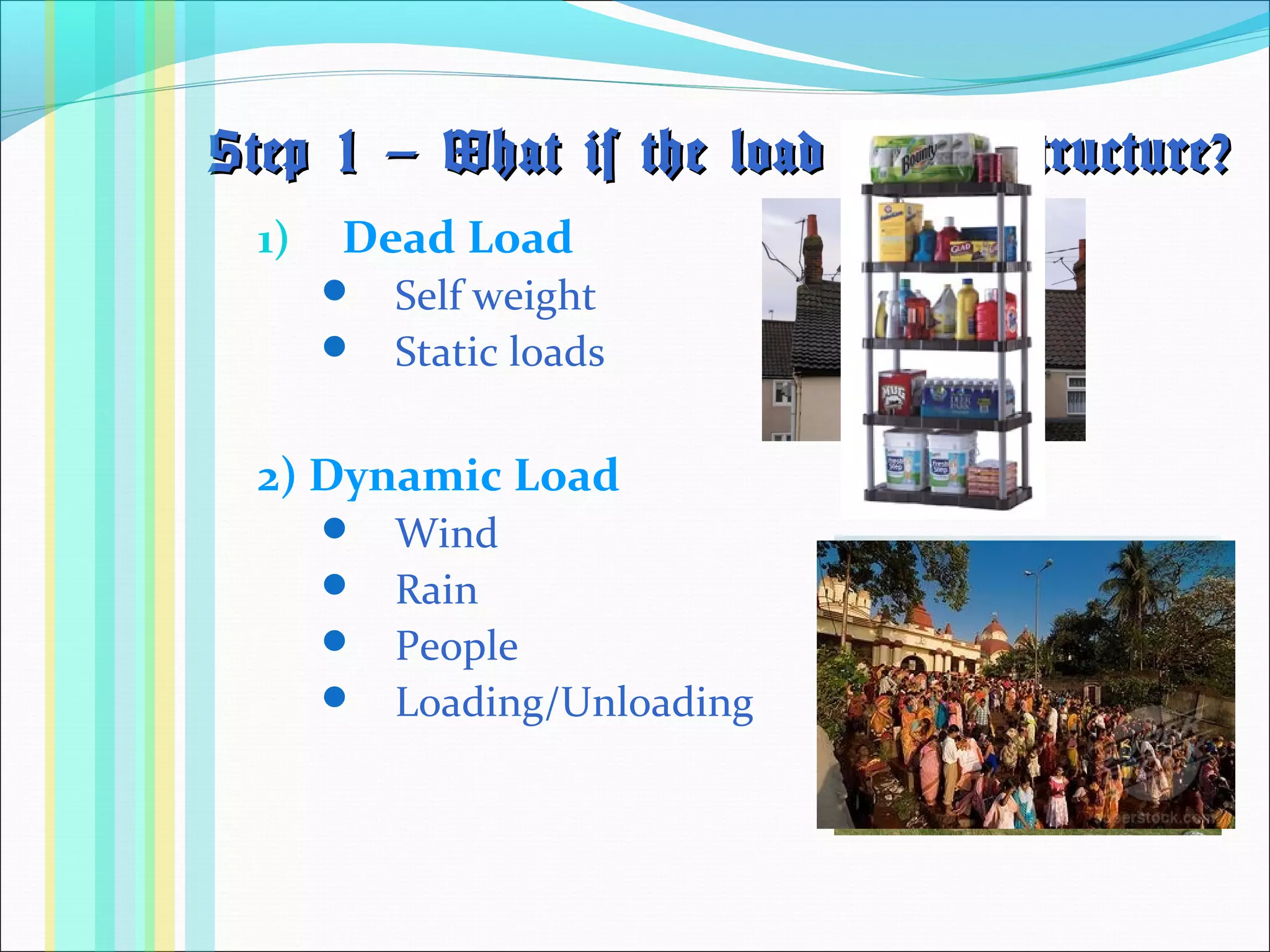 Step 1 – What is the load on the structure?Step 1 – What is the load on the structure?
1) Dead Load
 Self weight
 Static loads
2) Dynamic Load
 Wind
 Rain
 People
 Loading/Unloading
 