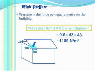 Pressure is the force per square metre on the
building
Wind PressureWind Pressure
Pressure (N/m2
) = 0.6 x windspeed2
= x x430.6
1109 N/m2=
43
1m
1m
 