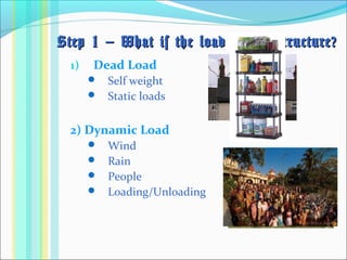 Step 1 – What is the load on the structure?Step 1 – What is the load on the structure?
1) Dead Load
 Self weight
 Static loads
2) Dynamic Load
 Wind
 Rain
 People
 Loading/Unloading
 