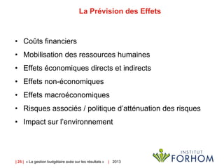 | 25 | « La gestion budgétaire axée sur les résultats » | 2013
La Prévision des Effets
• Coûts financiers
• Mobilisation des ressources humaines
• Effets économiques directs et indirects
• Effets non-économiques
• Effets macroéconomiques
• Risques associés / politique d’atténuation des risques
• Impact sur l’environnement
 