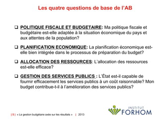 | 5 | « La gestion budgétaire axée sur les résultats » | 2013
Les quatre questions de base de l’AB
 POLITIQUE FISCALE ET BUDGETAIRE: Ma politique fiscale et
budgétaire est-elle adaptée à la situation économique du pays et
aux attentes de la population?
 PLANIFICATION ECONOMIQUE: La planification économique est-
elle bien intégrée dans le processus de préparation du budget?
 ALLOCATION DES RESSOURCES: L’allocation des ressources
est-elle efficace?
 GESTION DES SERVICES PUBLICS : L’État est-il capable de
fournir efficacement les services publics à un coût raisonnable? Mon
budget contribue-t-il à l’amélioration des services publics?
 