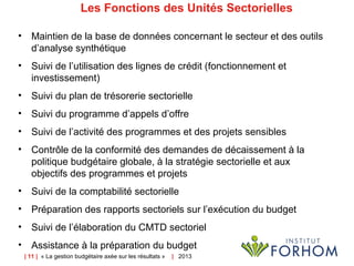 | 11 | « La gestion budgétaire axée sur les résultats » | 2013
Les Fonctions des Unités Sectorielles
• Maintien de la base de données concernant le secteur et des outils
d’analyse synthétique
• Suivi de l’utilisation des lignes de crédit (fonctionnement et
investissement)
• Suivi du plan de trésorerie sectorielle
• Suivi du programme d’appels d’offre
• Suivi de l’activité des programmes et des projets sensibles
• Contrôle de la conformité des demandes de décaissement à la
politique budgétaire globale, à la stratégie sectorielle et aux
objectifs des programmes et projets
• Suivi de la comptabilité sectorielle
• Préparation des rapports sectoriels sur l’exécution du budget
• Suivi de l’élaboration du CMTD sectoriel
• Assistance à la préparation du budget
 
