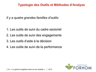 | 14 | « La gestion budgétaire axée sur les résultats » | 2013
Typologie des Outils et Méthodes d’Analyse
Il y a quatre grandes familles d’outils:
1. Les outils de suivi du cadre sectoriel
2. Les outils de suivi des engagements
3. Les outils d’aide à la décision
4. Les outils de suivi de la performance
 