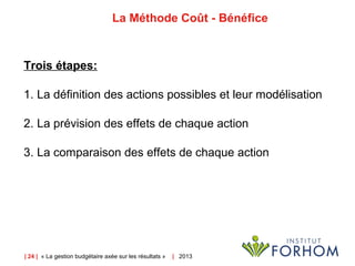 | 24 | « La gestion budgétaire axée sur les résultats » | 2013
La Méthode Coût - Bénéfice
Trois étapes:
1. La définition des actions possibles et leur modélisation
2. La prévision des effets de chaque action
3. La comparaison des effets de chaque action
 