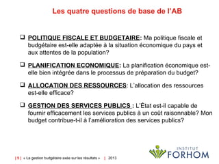 | 5 | « La gestion budgétaire axée sur les résultats » |   2013
Les quatre questions de base de l’AB
 POLITIQUE FISCALE ET BUDGETAIRE: Ma politique fiscale et
budgétaire est-elle adaptée à la situation économique du pays et
aux attentes de la population?
 PLANIFICATION ECONOMIQUE: La planification économique est-
elle bien intégrée dans le processus de préparation du budget?
 ALLOCATION DES RESSOURCES: L’allocation des ressources
est-elle efficace?
 GESTION DES SERVICES PUBLICS : L’État est-il capable de
fournir efficacement les services publics à un coût raisonnable? Mon
budget contribue-t-il à l’amélioration des services publics?
 