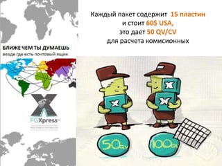 Каждый пакет содержит 15 пластин 
и стоит 60$ USA, 
это дает 50 QV/CV 
для расчета комисионных 
 