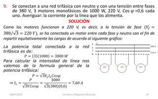 9. Se conectan a una red trifásica con neutro y con una tensión entre fases
de 380 V, 3 motores monofásicos de 1000 W, 220 V, Cos 𝜑 =0,6 cada
uno. Averiguar: la corriente por la línea que los alimenta.
SOLUCIÓN
18/07/2013 Circuitos y Máquinas Eléctricas 14
Como los motores funcionan a 220 V, es decir, a la tensión de fase (𝑉𝑓 =
380 3 = 220 𝑉), se ha conectado un motor entre cada fase y neutro con el fin de
repartir equitativamente las cargas de acuerdo al siguiente grafico:
La potencia total conectada a la red
trifásica es de:
𝑃 = 3 1000 = 3000 𝑊
Para calcular la intensidad de línea nos
valemos de la formula general de la
potencia trifásica:
𝑃 = 3𝑉𝐿 𝐼𝐿 𝐶𝑜𝑠𝜑
⇒ 𝐼𝐿 =
𝑃
3𝑉𝐶𝑜𝑠𝜑
=
3000
3(380)(0,6)
= 7,60 𝐴
 