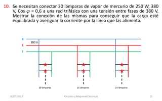 10. Se necesitan conectar 30 lámparas de vapor de mercurio de 250 W, 380
V, Cos 𝜑 = 0,6 a una red trifásica con una tensión entre fases de 380 V.
Mostrar la conexión de las mismas para conseguir que la carga esté
equilibrada y averiguar la corriente por la línea que las alimenta.
18/07/2013 Circuitos y Máquinas Eléctricas 15
380 V
10 lámparas 10 lámparas 10 lámparas
R
S
T
 