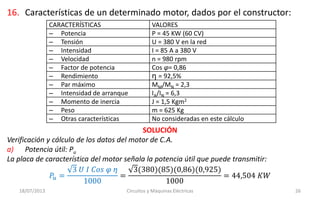 16. Características de un determinado motor, dados por el constructor:
18/07/2013 Circuitos y Máquinas Eléctricas 26
CARACTERÍSTICAS VALORES
– Potencia P = 45 KW (60 CV)
– Tensión U = 380 V en la red
– Intensidad I = 85 A a 380 V
– Velocidad n = 980 rpm
– Factor de potencia Cos φ= 0,86
– Rendimiento η = 92,5%
– Par máximo MM/MN = 2,3
– Intensidad de arranque IA/IN = 6,3
– Momento de inercia J = 1,5 Kgm2
– Peso m = 625 Kg
– Otras características No consideradas en este cálculo
SOLUCIÓN
Verificación y cálculo de los datos del motor de C.A.
a) Potencia útil: Pu
La placa de característica del motor señala la potencia útil que puede transmitir:
𝑃𝑢 =
3 𝑈 𝐼 𝐶𝑜𝑠 𝜑 𝜂
1000
=
3(380)(85)(0,86)(0,925)
1000
= 44,504 𝐾𝑊
 