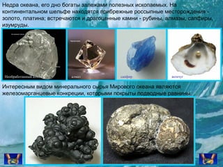 Недра океана, его дно богаты залежами полезных ископаемых. На
континентальном шельфе находятся прибрежные россыпные месторождения золото, платина; встречаются и драгоценные камни - рубины, алмазы, сапфиры,
изумруды.

Необработанный алмаз

алмаз

сапфир

жемчуг

Интересным видом минерального сырья Мирового океана являются
железомарганцевые конкреции, которыми покрыты подводные равнины.

 