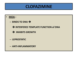 CLOFAZIMINE
• MOA :
– BINDS TO DNA 
 INTERFERES TEMPLATE FUNCTION of DNA
 INHIBITS GROWTH
– LEPROSTATIC
– ANTI-INFLAMMATORY

 