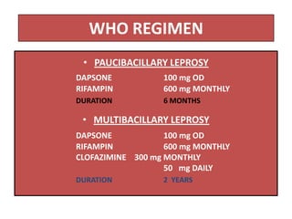 WHO REGIMEN
• PAUCIBACILLARY LEPROSY
DAPSONE
RIFAMPIN

100 mg OD
600 mg MONTHLY

DURATION

6 MONTHS

• MULTIBACILLARY LEPROSY
DAPSONE
100 mg OD
RIFAMPIN
600 mg MONTHLY
CLOFAZIMINE 300 mg MONTHLY
50 mg DAILY
DURATION

2 YEARS

 