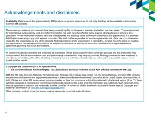 Acknowledgements and disclaimers
Availability: References in this presentation to IBM products, programs, or services do not imply that they will be available in all countries
in which IBM operates.
The workshops, sessions and materials have been prepared by IBM or the session speakers and reflect their own views. They are provided
for informational purposes only, and are neither intended to, nor shall have the effect of being, legal or other guidance or advice to any
participant. While efforts were made to verify the completeness and accuracy of the information contained in this presentation, it is provided
AS-IS without warranty of any kind, express or implied. IBM shall not be responsible for any damages arising out of the use of, or otherwise
related to, this presentation or any other materials. Nothing contained in this presentation is intended to, nor shall have the effect of, creating
any warranties or representations from IBM or its suppliers or licensors, or altering the terms and conditions of the applicable license
agreement governing the use of IBM software.
All customer examples described are presented as illustrations of how those customers have used IBM products and the results they may
have achieved. Actual environmental costs and performance characteristics may vary by customer. Nothing contained in these materials is
intended to, nor shall have the effect of, stating or implying that any activities undertaken by you will result in any specific sales, revenue
growth or other results.
© Copyright IBM Corporation 2013. All rights reserved.

– U.S. Government Users Restricted Rights - Use, duplication or disclosure restricted by GSA ADP Schedule Contract with IBM Corp.
IBM, the IBM logo, ibm.com, Rational, the Rational logo, Telelogic, the Telelogic logo, Green Hat, the Green Hat logo, and other IBM products
and services are trademarks or registered trademarks of International Business Machines Corporation in the United States, other countries, or
both. If these and other IBM trademarked terms are marked on their first occurrence in this information with a trademark symbol (® or ™), these
symbols indicate U.S. registered or common law trademarks owned by IBM at the time this information was published. Such trademarks may
also be registered or common law trademarks in other countries. A current list of IBM trademarks is available on the Web at “Copyright and
trademark information” at www.ibm.com/legal/copytrade.shtml
Other company, product, or service names may be trademarks or service marks of others.

23

 